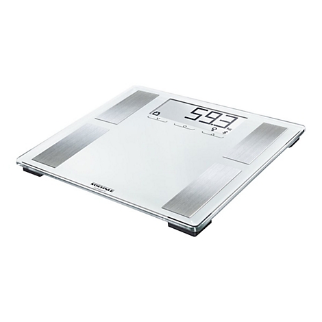 Digitale Soehnle Personenwaage aus Glas mit Metall-Sensoren und Display, zeigt 59,3 kg an.