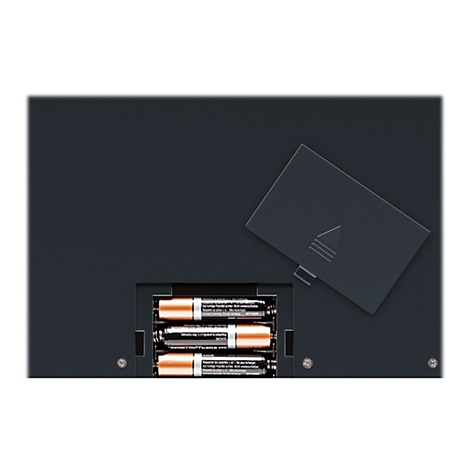 Rückseite eines schwarzen Geräts mit geöffnetem Batteriefach und eingesetzten Batterien.
