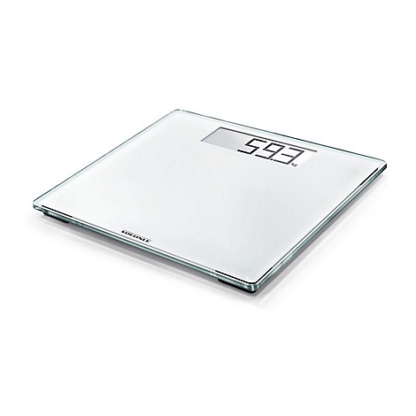 Weiße, quadratische Soehnle Personenwaage aus Glas mit digitaler Anzeige, die 59,3 kg anzeigt.