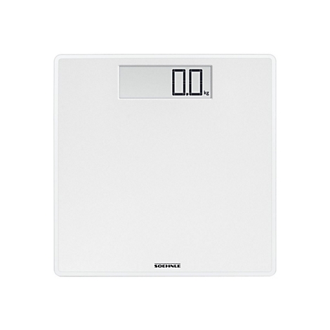 Weiße, quadratische Soehnle Personenwaage mit Digitalanzeige, die 0,0 kg anzeigt.