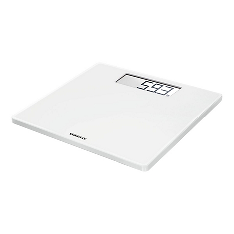 Weiße, quadratische Soehnle Personenwaage aus Glas mit digitaler Anzeige, die 59,3 kg anzeigt.