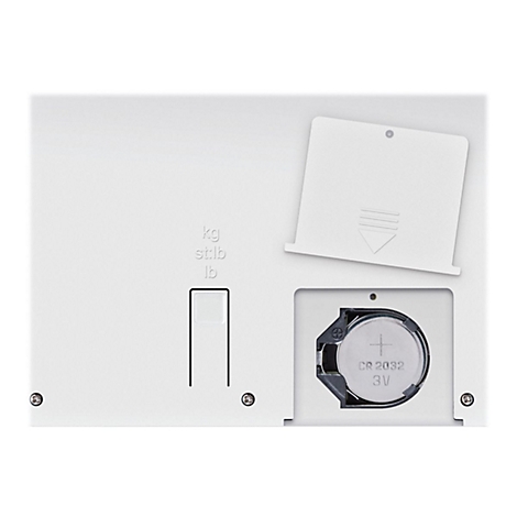 Unterseite einer digitalen Waage mit offenem Batteriefach, einer CR2032 Knopfzelle und einem Einheiten-Schalter.