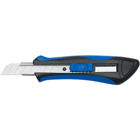 A cutter with a blue and black handle and a silver blade.