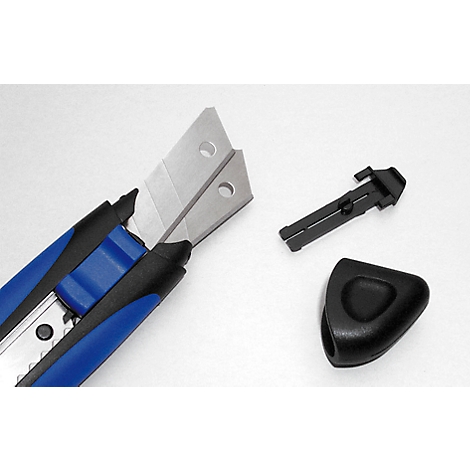 A blue and black utility knife with silver blades and additional black parts, all set against a light background.