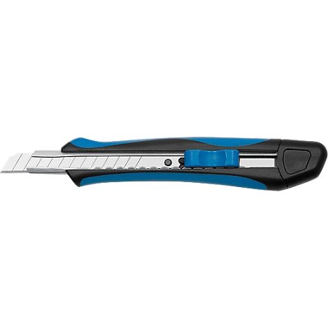 Close-up of a blue and black utility knife. The knife is angular and has a metal blade.