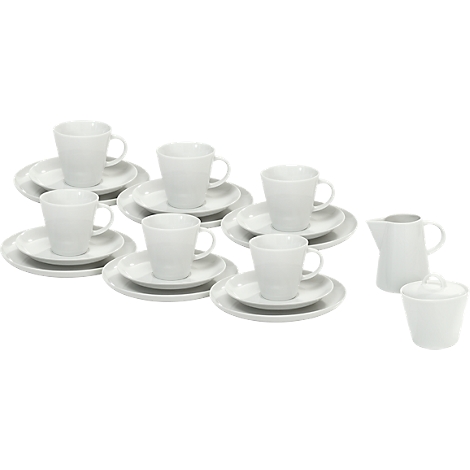 A white dinnerware set: six cups with saucers, sugar bowl and milk jug.