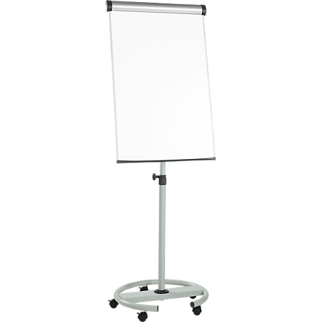A white flip chart with a metal frame on a stand with wheels.