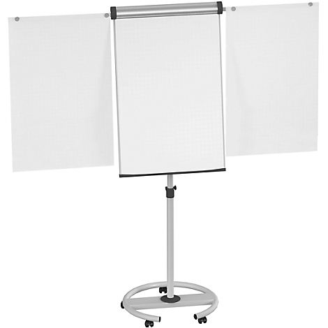 Whiteboard with paper rolls, adjustable height, wheels.
