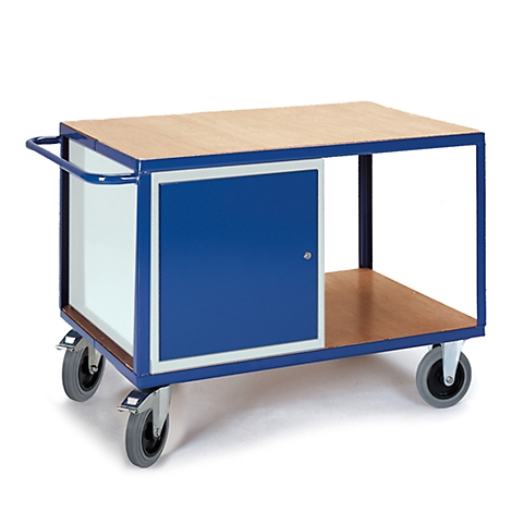 Blue and white workshop cart with wooden top and cabinet, standing on castors.