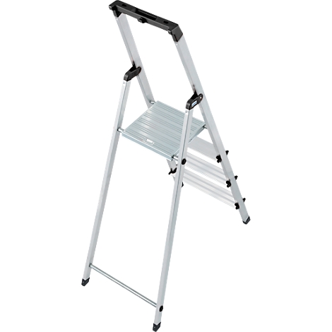 Folding aluminum step ladder extended. Black handle, step, feet and holders. Background white.