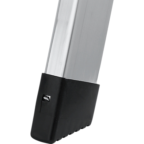 Detailed view of a metal ladder foot with black rubber protection.