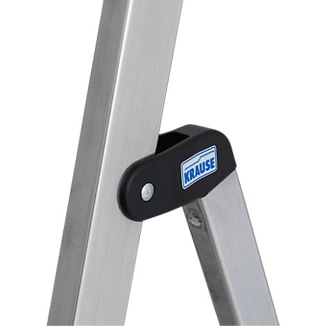 Close-up of a ladder. Black joint with Krause logo connecting silver rungs.
