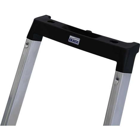 Close-up of a black ladder supported by silver rungs. The word "KRAUSE" can be seen on the black surface.