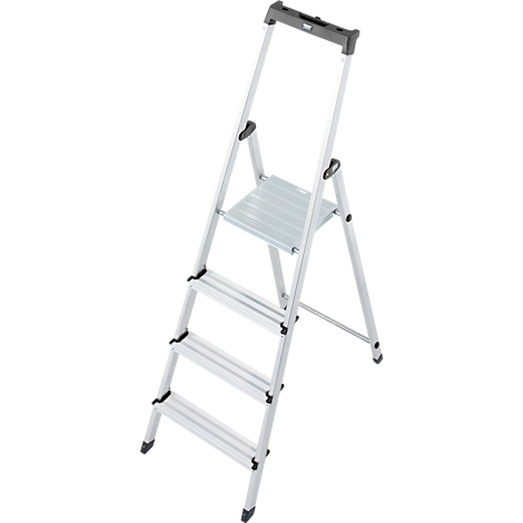 Silver metal ladder, folded. The treads are ribbed, the top handle is grey.