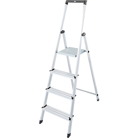 Aluminum ladder with four steps. A handrail and non-slip feet are available.