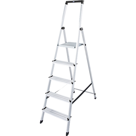 A silver aluminum step ladder with five steps and a black handrail.