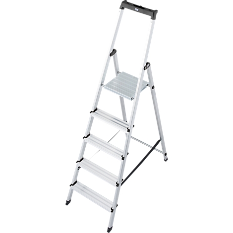 A bright silver step ladder standing against a white background. It has four steps and a handrail.