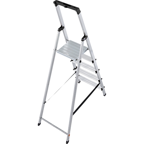 A silver stepladder against a white background. It has four steps, a platform, and a handle.