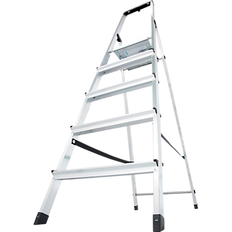 Aluminum ladder with five steps, standing against a white background.