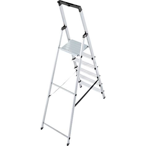 Grey aluminum step ladder, partially folded, against a white background. With black handle at the top.