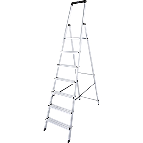 Grey, freestanding stepladder with seven rungs. The ladder is made of metal and stands on a black surface.