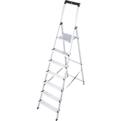 Folding aluminum step ladder. The ladder has six steps and an upper platform, black details and a handle.