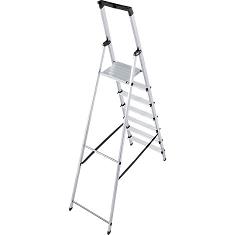 A silver step ladder with a black handle and rungs. The ladder stands against a white background.