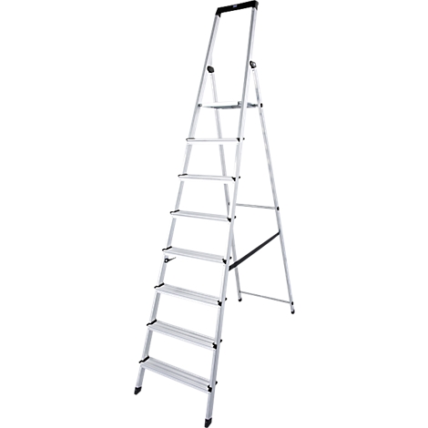 A silver stepladder, freestanding, with eight steps and a black upper hand grip.