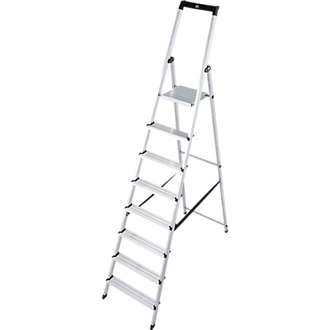 A silver stepladder stands against a white background. It has seven steps, a platform, and a black handrail.