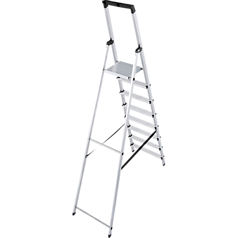 Grey step ladder with black handle. Step surface with ribbed surface, other steps. Upright, suitable for indoor and outdoor use.