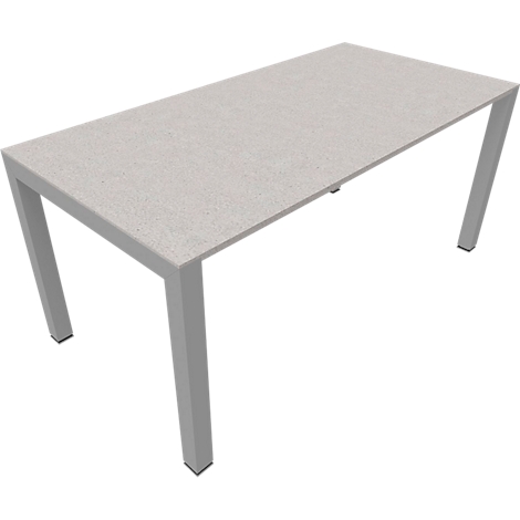 A rectangular table with a light gray, slightly textured tabletop. The four legs are gray and angled.