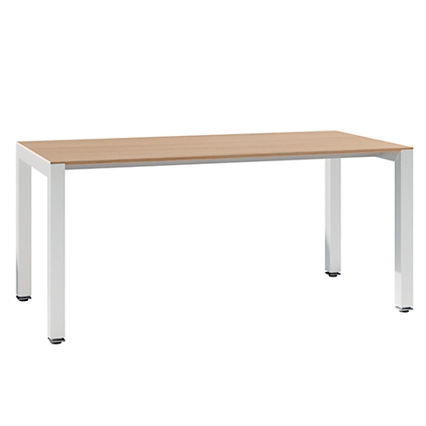 A rectangular table with a light brown tabletop and white, square legs. The table stands against a white background.