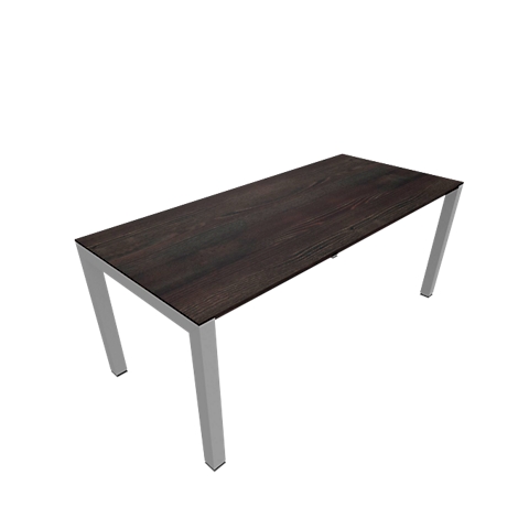 Dark brown table with silver legs. On a white background.