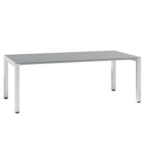 A rectangular dining table with a gray tabletop and white metal legs, against a white background.