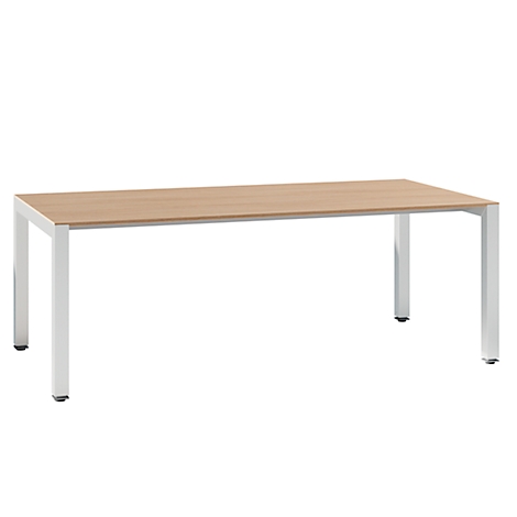 A rectangular wooden table with white metal legs. On a light background.