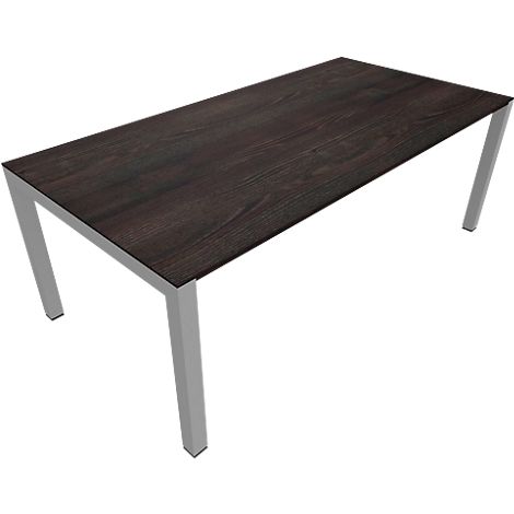 A rectangular table with a dark wooden top and silver-grey metal legs.