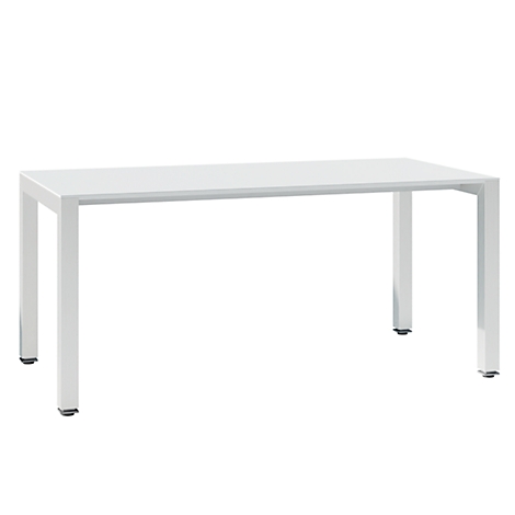 White table with rectangular tabletop and four square legs. The table legs have black feet.