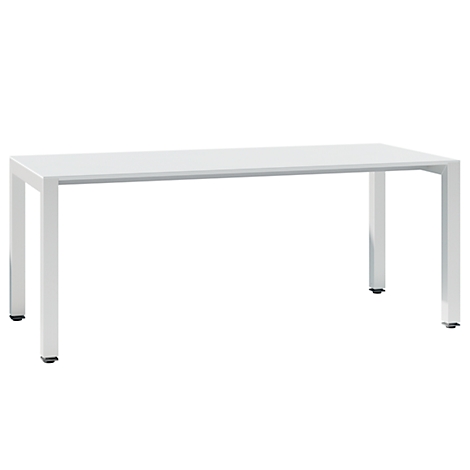 White table with rectangular table top and square table legs, standing on a white surface.