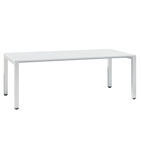 White table with rectangular tabletop and square legs, in front of a white background.