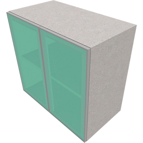 Gray cabinet with green glass doors, shelves behind.