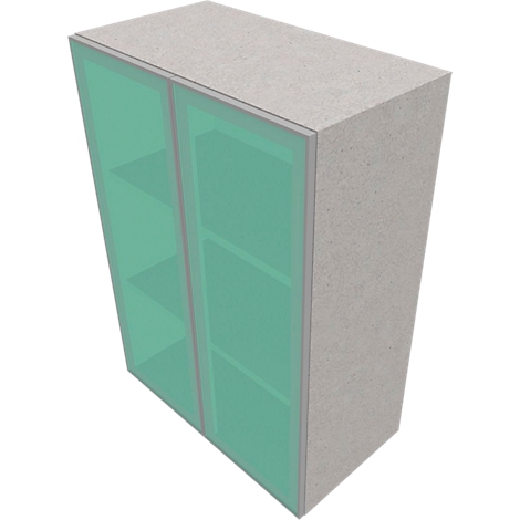 Grey cabinet with glass doors, shelves inside.