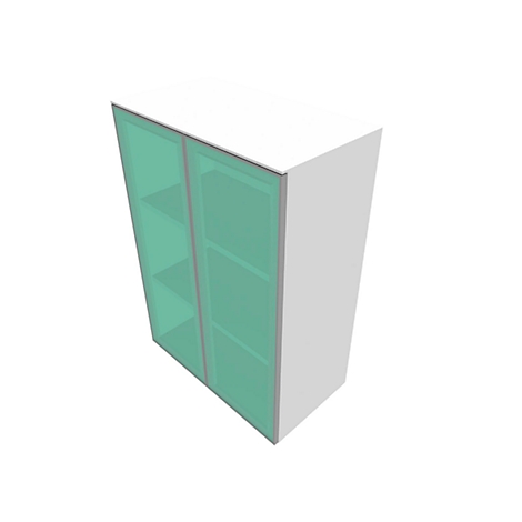 A white cabinet with glass front and green shelves. A perspective from the top left is shown.