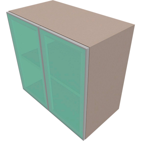 Beige cabinet with two green glass doors and silver frames. Two shelves inside.