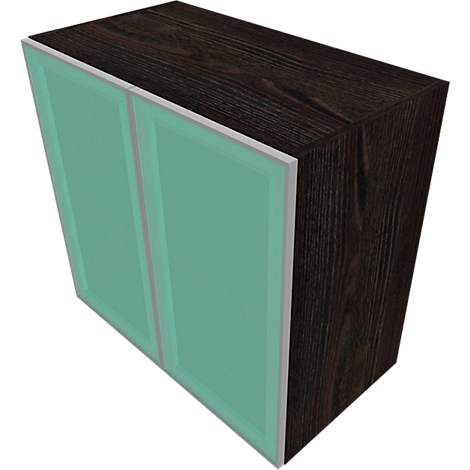 Dark brown cabinet with two green doors. The wood grain is clearly visible. The doors are framed by a white frame.
