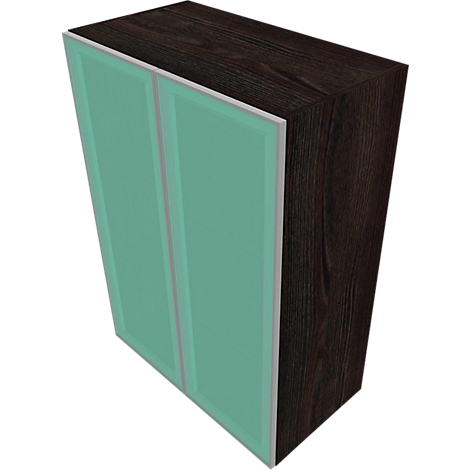 Cabinet with turquoise doors and wood look. Gray frames, oblique perspective.