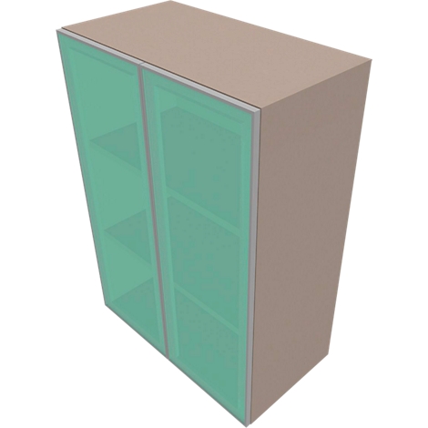Brown cabinet with green glass doors and silver frames.