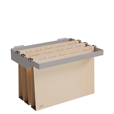 Light grey hanging file folder with cream-colored dividers, all against a white background.