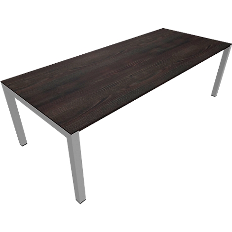 Brown wooden table with silver legs, shown in perspective.