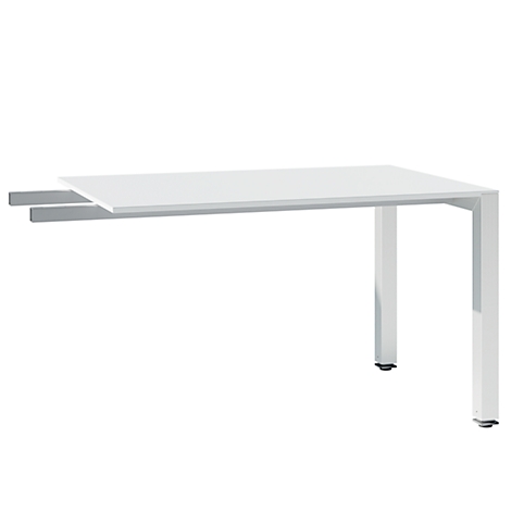 White, rectangular table with square legs. Tabletop with pull-out function.
