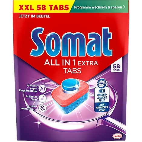 Somat All in 1 Extra Spülmaschinen-Tabs Beutel mit 58 Stück, inklusive wasserlöslicher Folie.